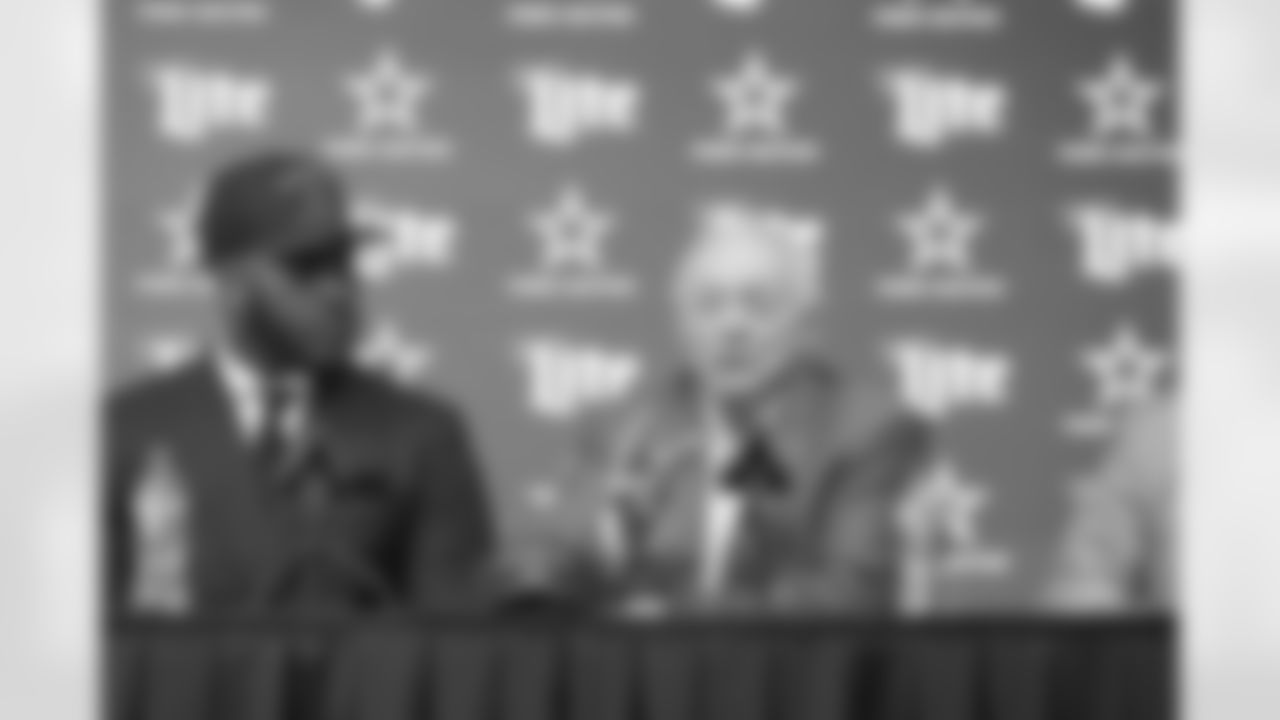 25 April 2025: Head coach Brian Schottenheimer, first round draft pick Tyler Booker, owner Jerry Jones and chief operating officer Stephen Jones of the Dallas Cowboys at a press conference at Ford Center at The Star in Frisco, Texas. Photo by James D. Smith/Dallas Cowboys