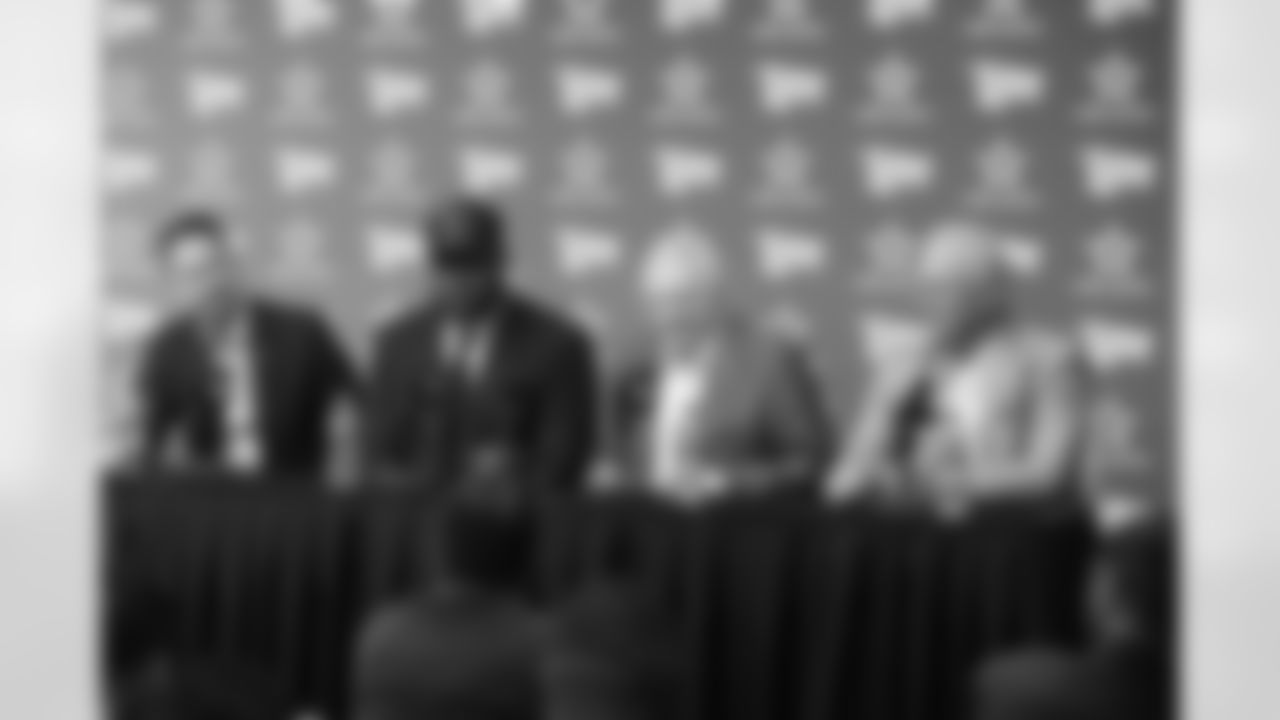 25 April 2025: Head coach Brian Schottenheimer, first round draft pick Tyler Booker, owner Jerry Jones and chief operating officer Stephen Jones of the Dallas Cowboys at a press conference at Ford Center at The Star in Frisco, Texas. Photo by James D. Smith/Dallas Cowboys