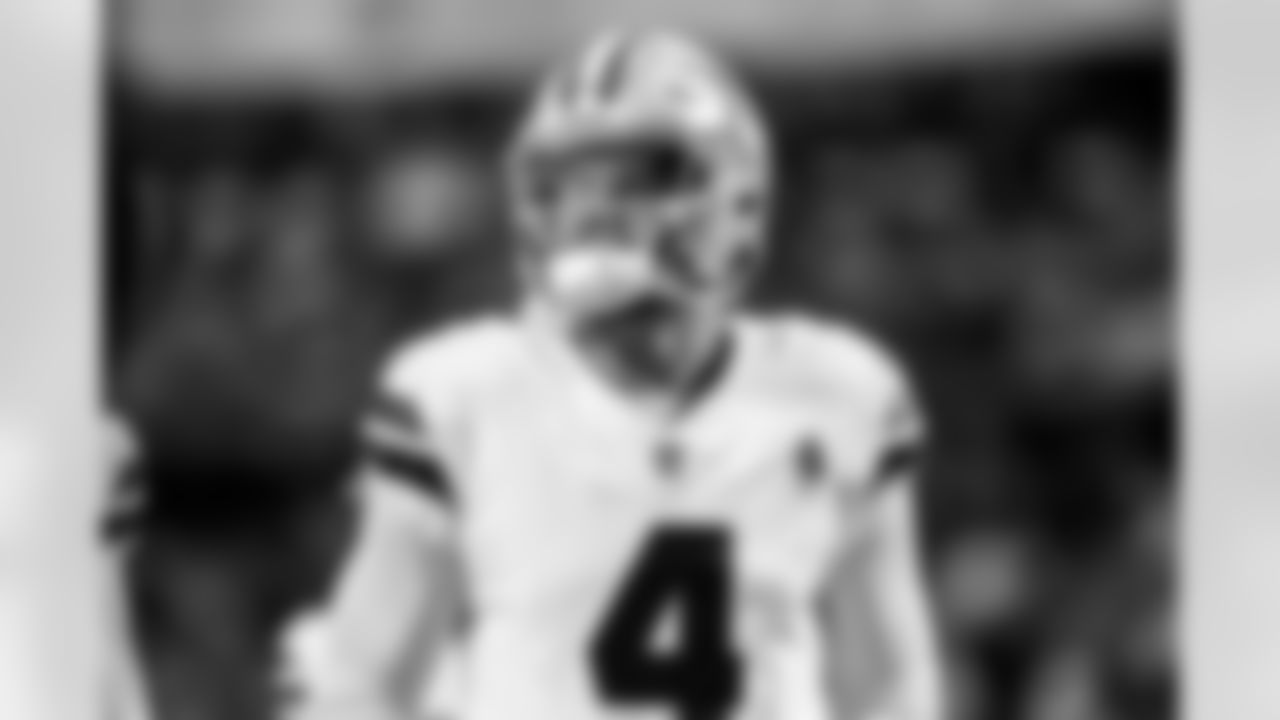 Dallas Cowboys quarterback Dak Prescott (4) walks off the field before an NFL football game, Sunday, Dec. 17, 2023, in Orchard Park, NY. (AP Photo/Matt Durisko)