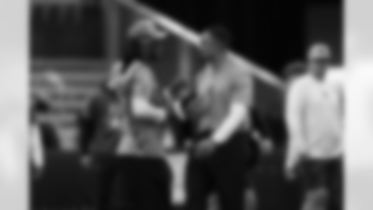 Dallas Cowboys wide receiver CeeDee Lamb (88) and Philadelphia Eagles quarterback Jalen Hurts (1) interact during the 2026 Pro Bowl team practice on Monday, February 2, 2026 in San Francisco. (Kara Durrette/NFL)