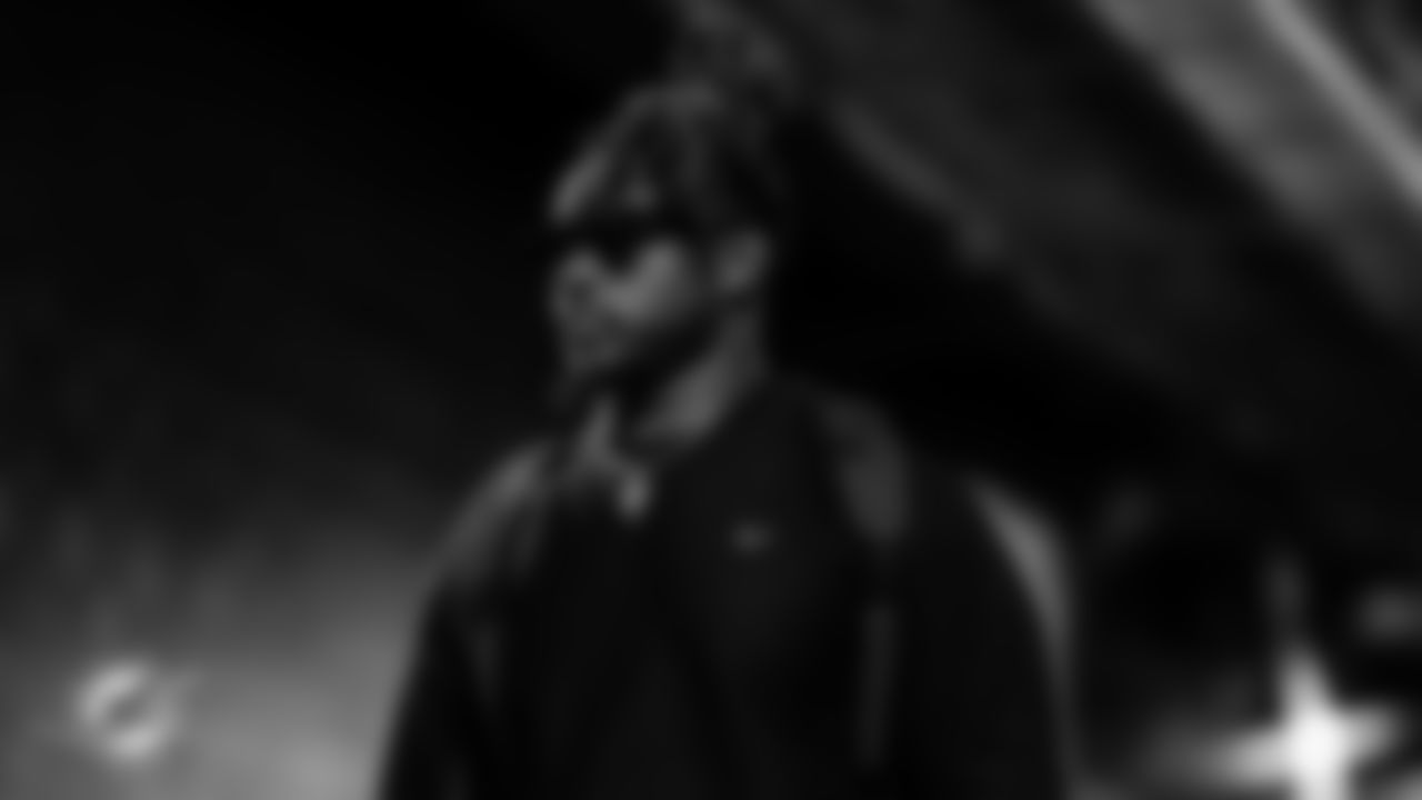 Miami Dolphins offensive lineman Aaron Brewer (55) arrives before an NFL football game against the New England Patriots on Sunday, Jan. 4, 2026 in Foxborough, MA. (Tomas Diniz Santos/Miami Dolphins via AP)