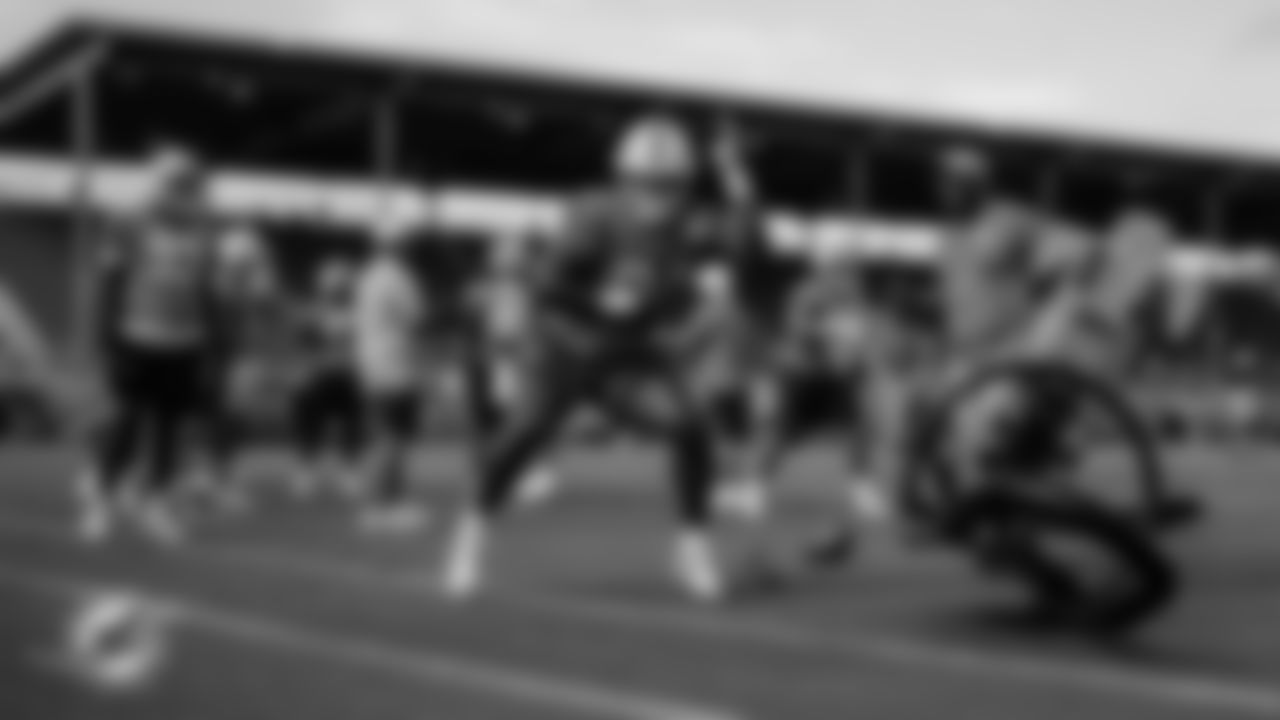 Miami Dolphins defensive tackle Jordan Phillips (94) performs a drill during the NFL team's training camp practice Thursday, Jul. 24, 2025 in Miami Gardens, Fla. (Peter McMahon/Miami Dolphins)