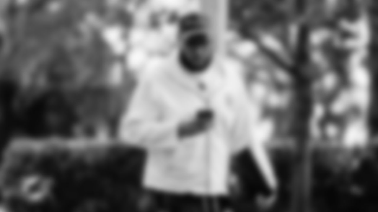 Miami Dolphins offensive tackle Larry Borom (79) arrives before an NFL football game against the New Orleans Saints on Sunday, Nov. 30, 2025 in Miami Gardens, FL. (Tomas Diniz Santos/Miami Dolphins via AP)