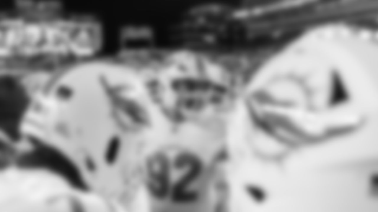 Miami Dolphins defensive tackle Zach Sieler (92) leads the huddle before an NFL football game against the Pittsburgh Steelers on Monday, Dec. 15, 2025 in Pittsburgh, PA. (Raul Maristany/Miami Dolphins via AP)