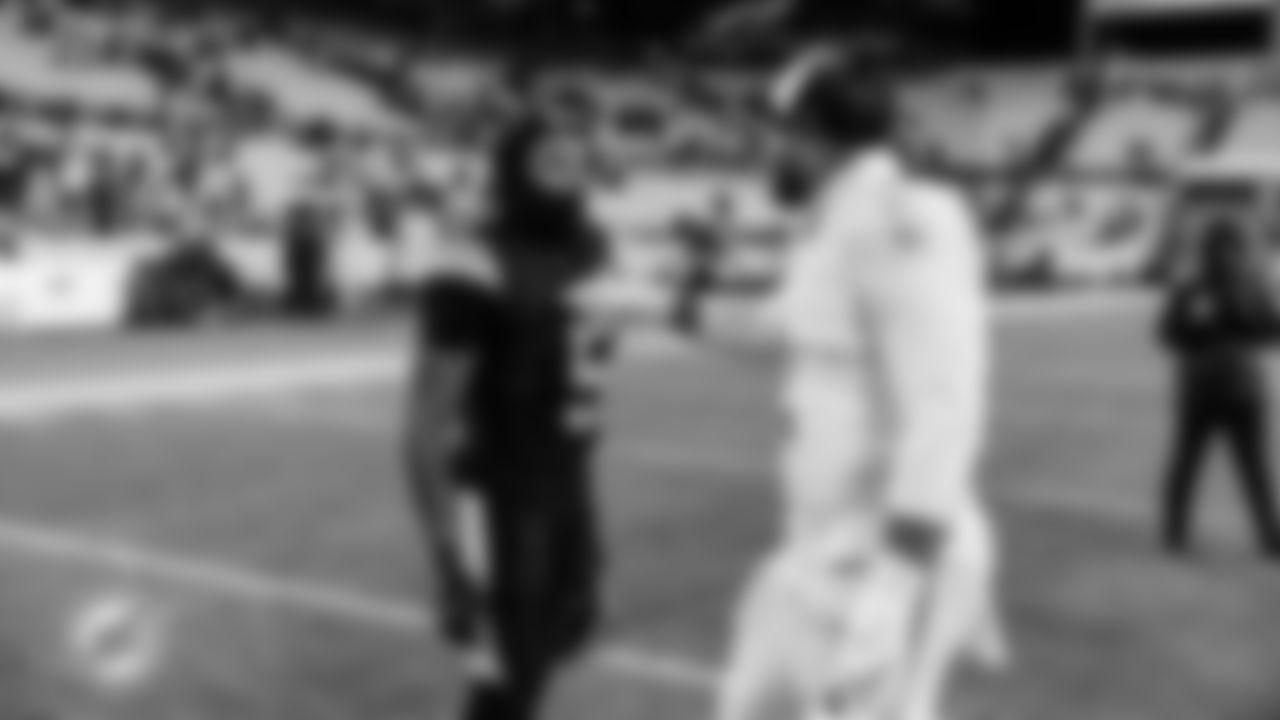 Miami Dolphins linebacker Bradley Chubb (2) greets former teammate Jalen Ramsey (5) after an NFL football game against the Pittsburgh Steelers on Monday, Dec. 15, 2025 in Pittsburgh, PA. (Tomas Diniz Santos/Miami Dolphins via AP)