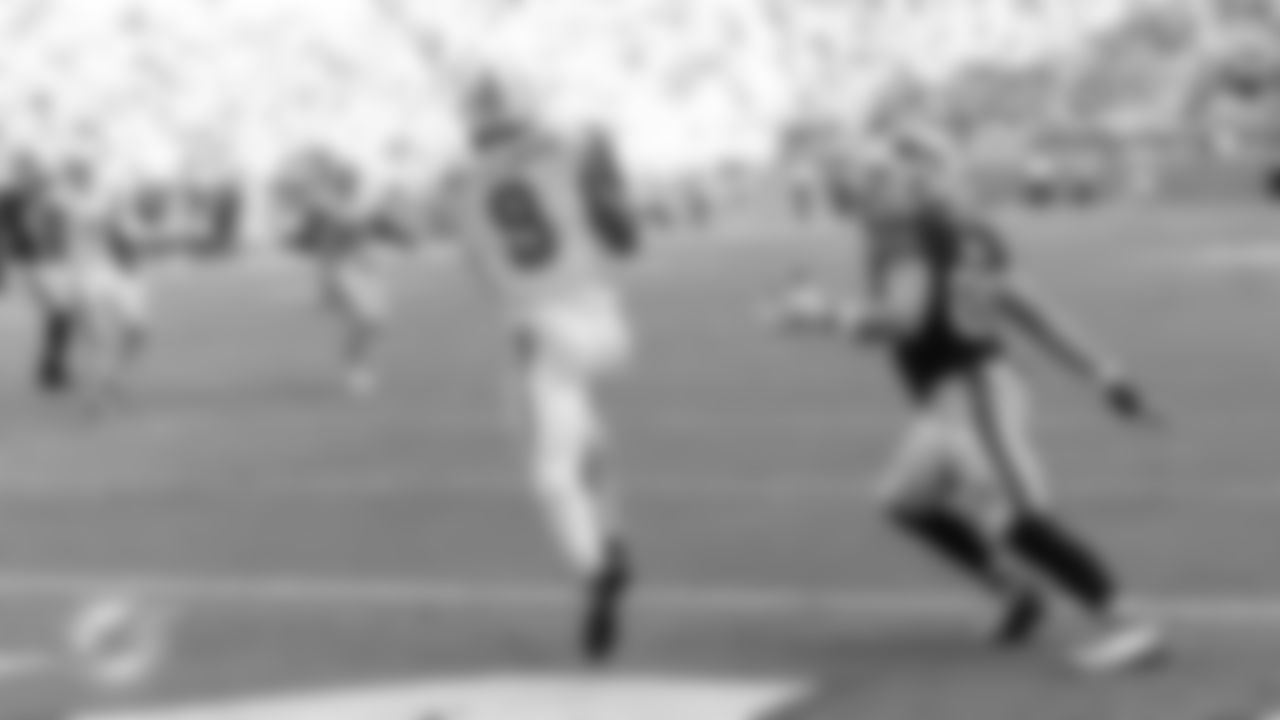 Miami Dolphins safety Ifeatu Melifonwu (9) makes an interception in the end zone during an NFL football game against the Buffalo Bills on Sunday, Nov. 9, 2025 in Miami Gardens, Fla. (AJ Shorter/Miami Dolphins via AP)