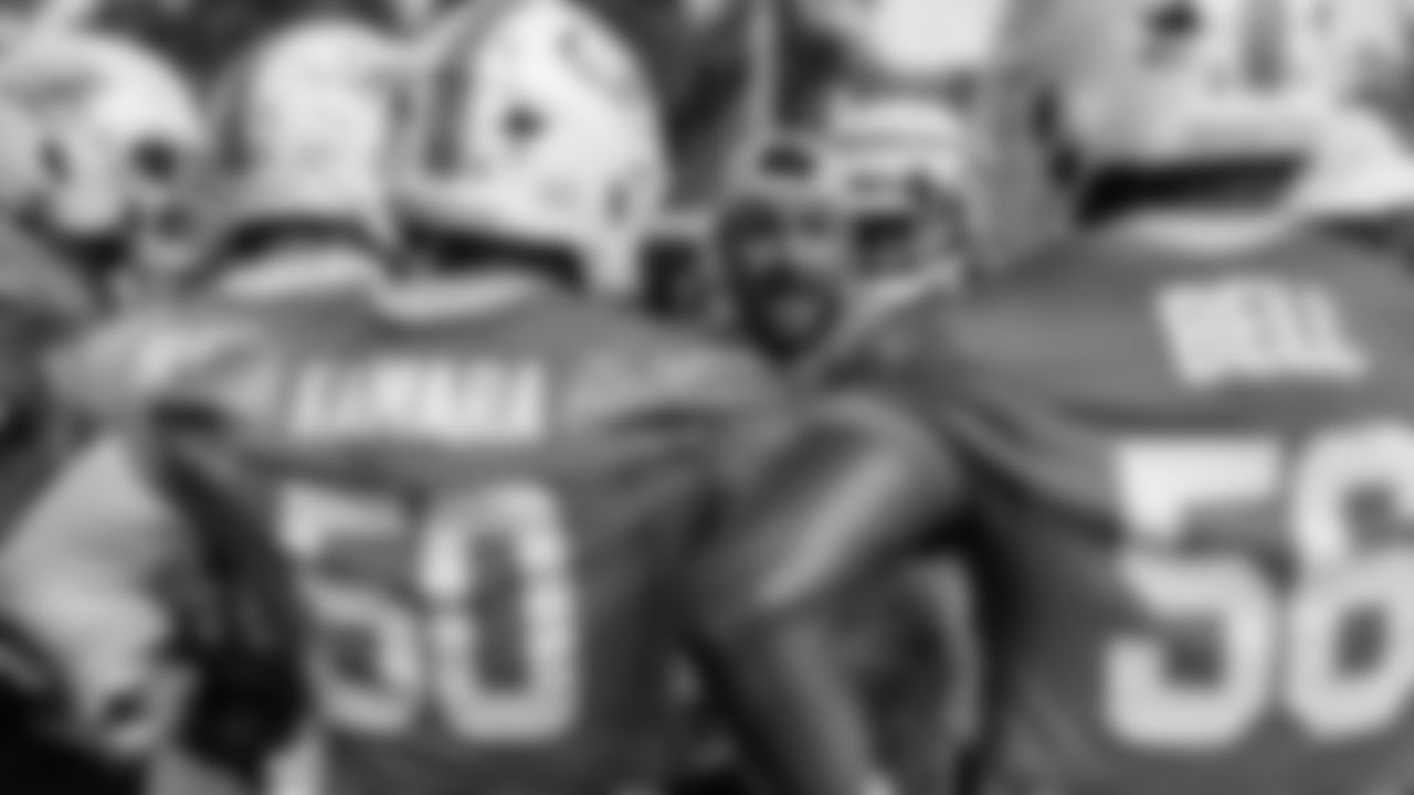 Miami Dolphins outside linebackers coach Ryan Crow in the linebackers huddle during the NFL team's training camp practice Thursday, Jul. 24, 2025 in Miami Gardens, Fla. (Peter McMahon/Miami Dolphins)