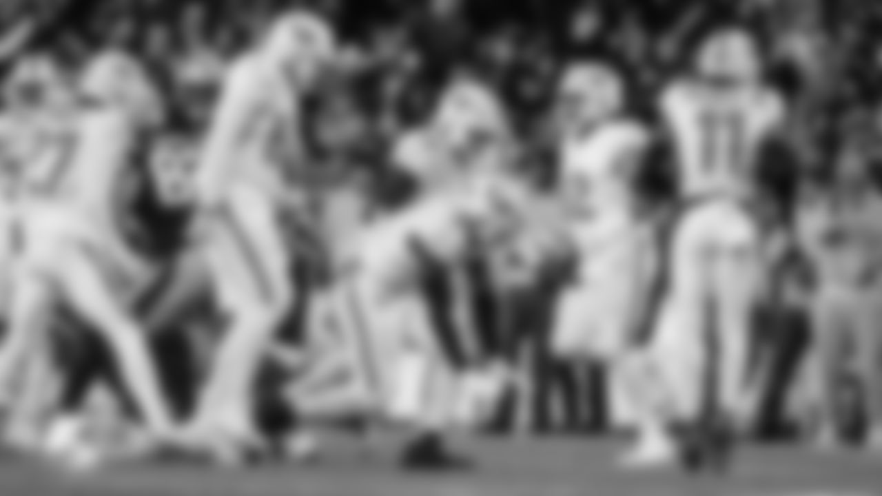 Miami Dolphins linebacker K.J. Britt (3) celebrates during an NFL football game against the New England Patriots on Sunday, Jan. 4, 2026 in Foxborough, MA. (Ryan Lee/Miami Dolphins via AP)