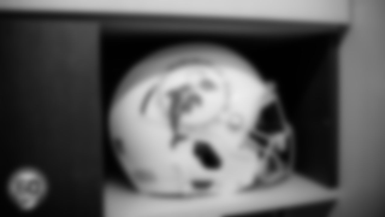 A Miami Dolphins helmet in the locker room before an NFL football game against the Cincinnati Bengals on Sunday, Dec. 21, 2025 in Miami Gardens, FL. (Tomas Diniz Santos/Miami Dolphins via AP)