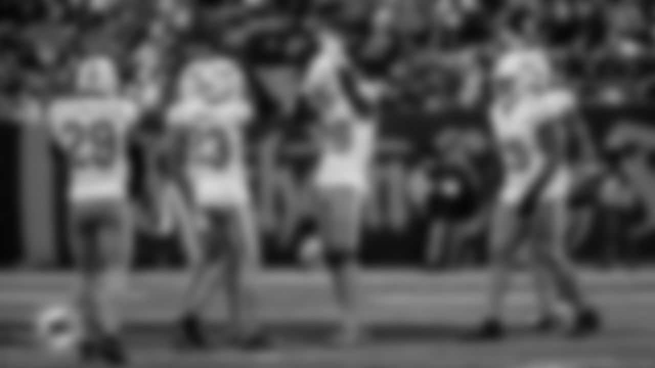 Miami Dolphins cornerbacks Jack Jones (23) and Rasul Douglas (26) celebrate during an NFL football game against the New York Jets on Sunday, Dec. 7, 2025 in East Rutherford, NJ. (Tomas Diniz Santos/Miami Dolphins via AP)