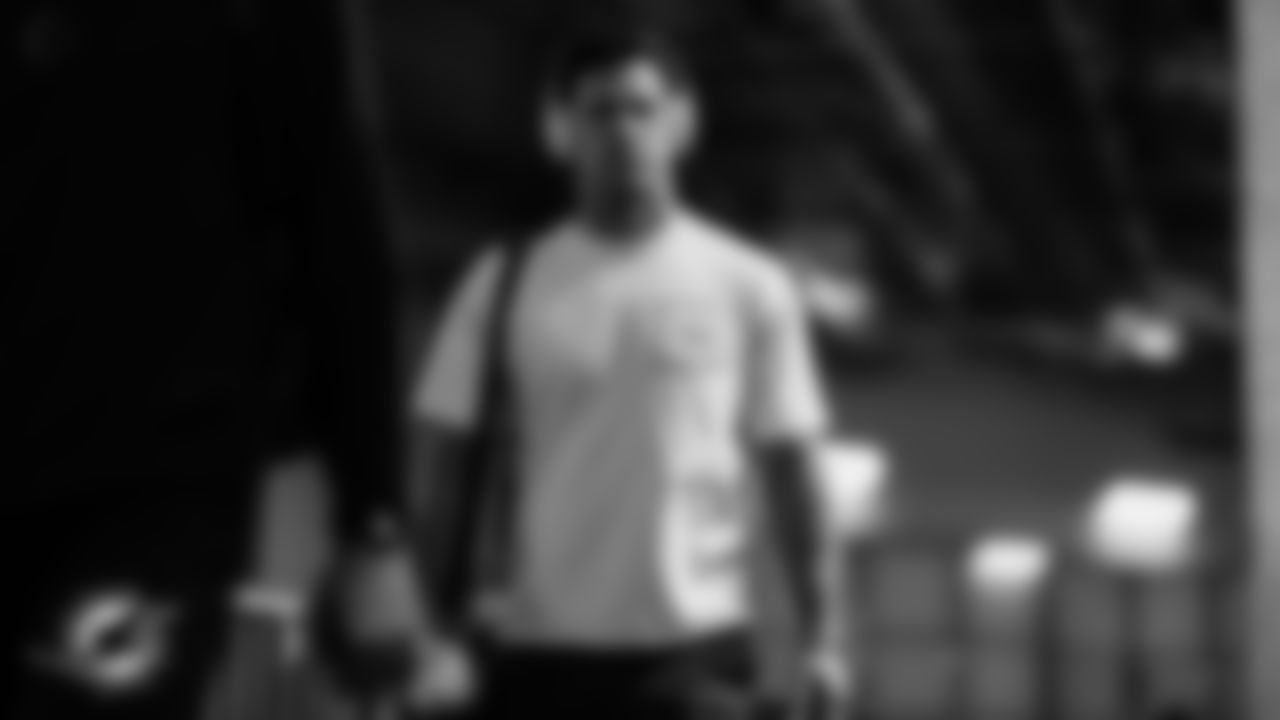 Miami Dolphins longsnapper Joe Cardona (49) arrives before an NFL football game against the Atlanta Falcons on Sunday, Oct. 26, 2025 in Atlanta, GA. (Tomas Diniz Santos/Miami Dolphins via AP)