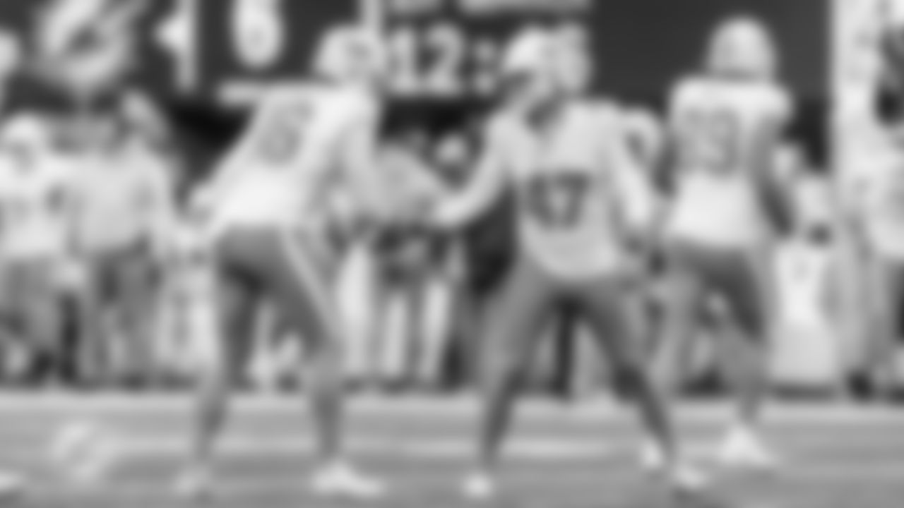 Miami Dolphins punter Jake Bailey (16) and kicker Riley Patterson (47) celebrate during an NFL football game against the New York Jets on Sunday, Dec. 7, 2025 in East Rutherford, NJ. (Raul Maristany/Miami Dolphins via AP)