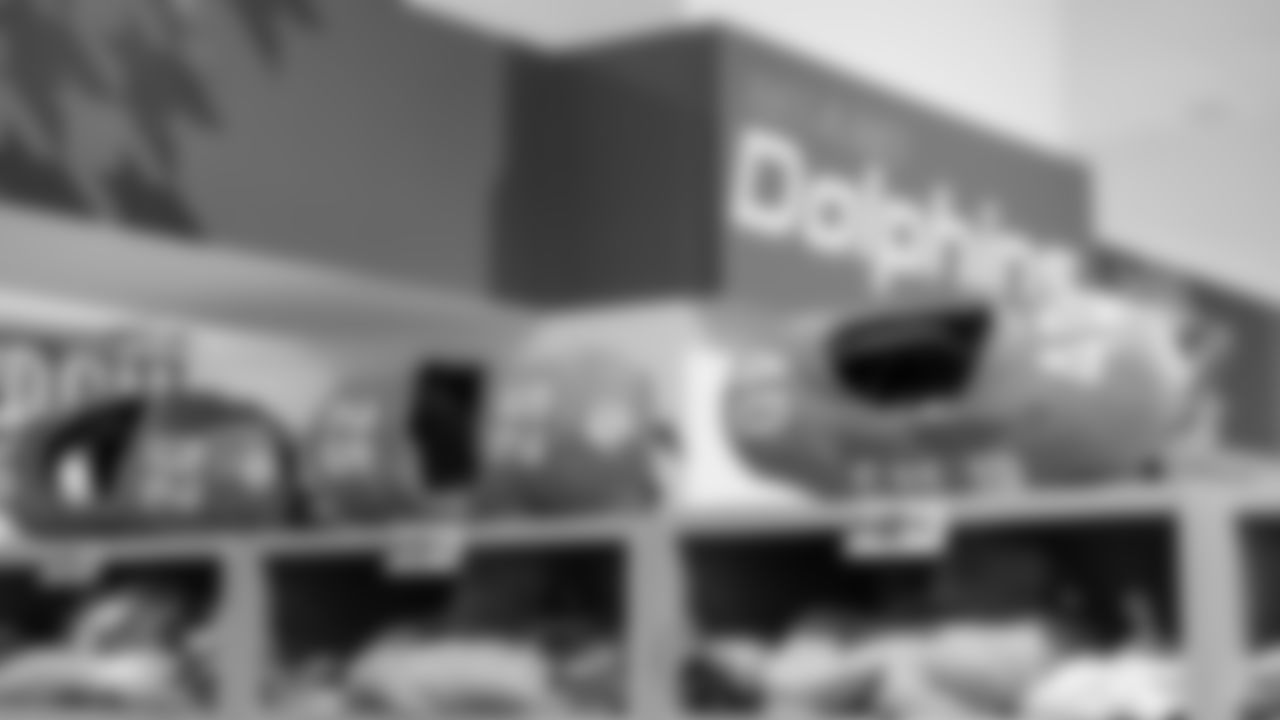 Miami Dolphins equipment in the locker room before an NFL football game against the Washington Commanders on Sunday, Nov. 16, 2025 in Madrid. (Tomas Diniz Santos/Miami Dolphins via AP)