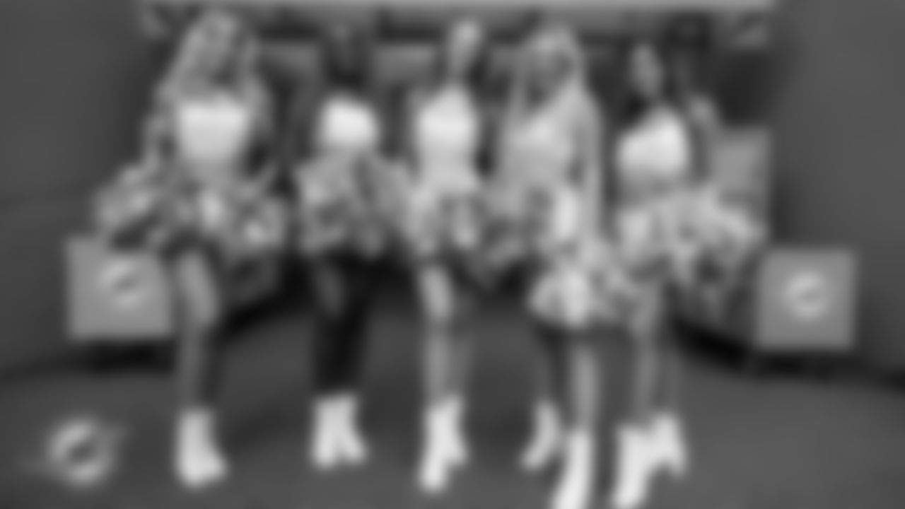 Miami Dolphins Cheerleaders pose before an NFL football game against the Buffalo Bills on Sunday, Nov. 9, 2025 in Miami Gardens, Fla. (Jose Pineiro/Miami Dolphins via AP)