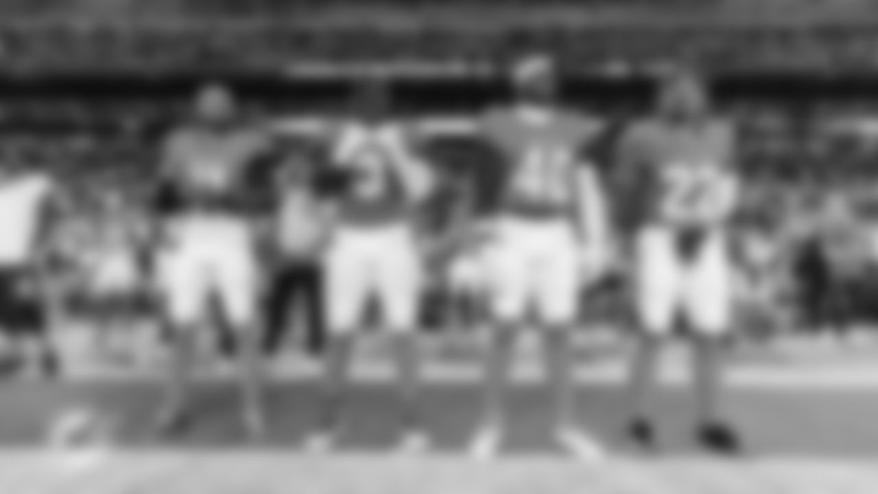 Miami Dolphins safety Dante Trader Jr. (11), linebackers K.J. Britt (3) and Jordyn Brooks (20) and defensive back Elijah Campbell (22) line up for the coin toss before an NFL football game against the Baltimore Ravens on Thursday, Oct. 30, 2025 in Miami Gardens, FL. (Tomas Diniz Santos/Miami Dolphins via AP)