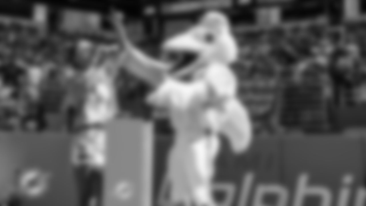 Greeicy and Miami Dolphins Mascot T.D. chant start before an NFL football game against the Buffalo Bills on Sunday, Nov. 9, 2025 in Miami Gardens, Fla. (Lauren Sopourn/Miami Dolphins via AP)