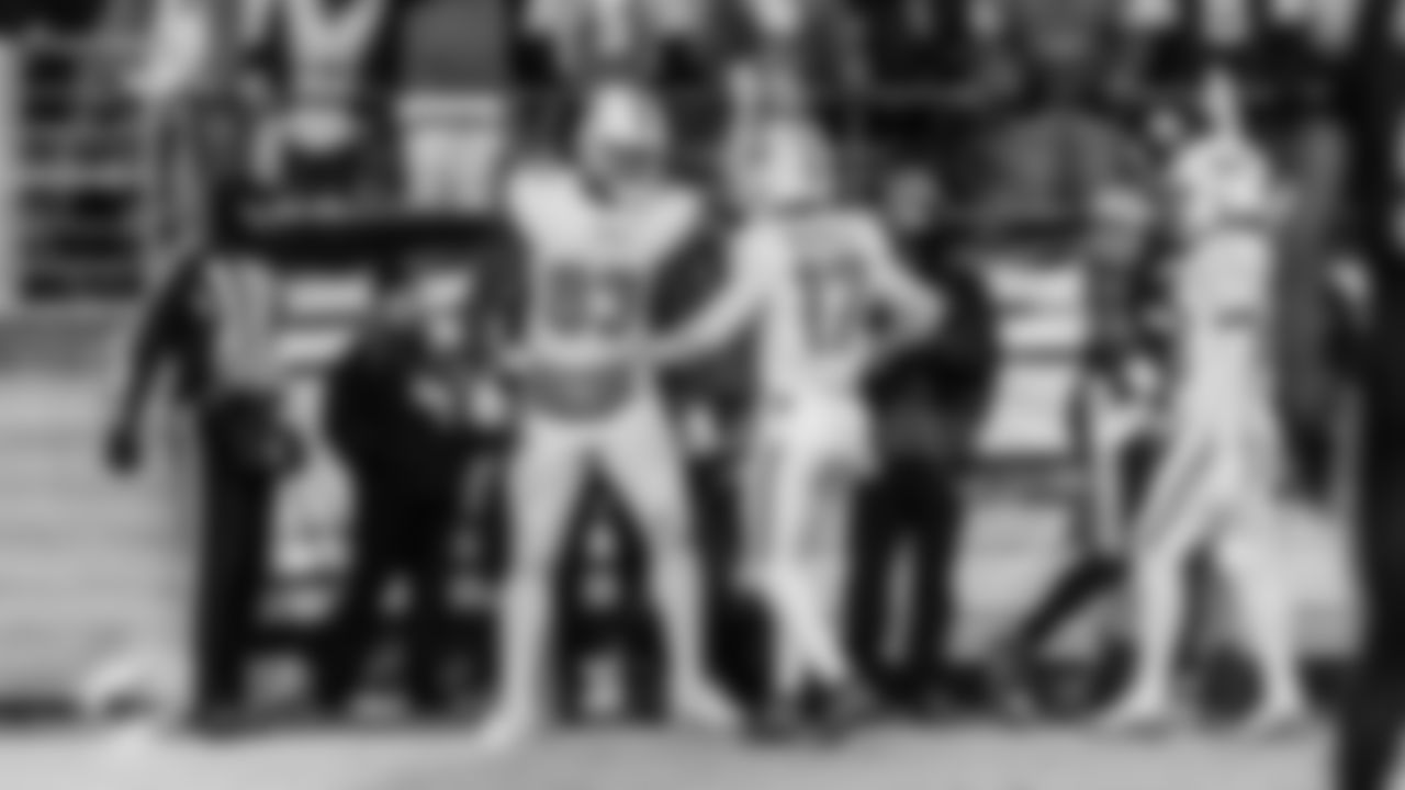 Miami Dolphins tight end Darren Waller (83) and wide receiver Jaylen Waddle (17) celebrate during an NFL football game against the Pittsburgh Steelers on Monday, Dec. 15, 2025 in Pittsburgh, PA. (Raul Maristany/Miami Dolphins via AP)