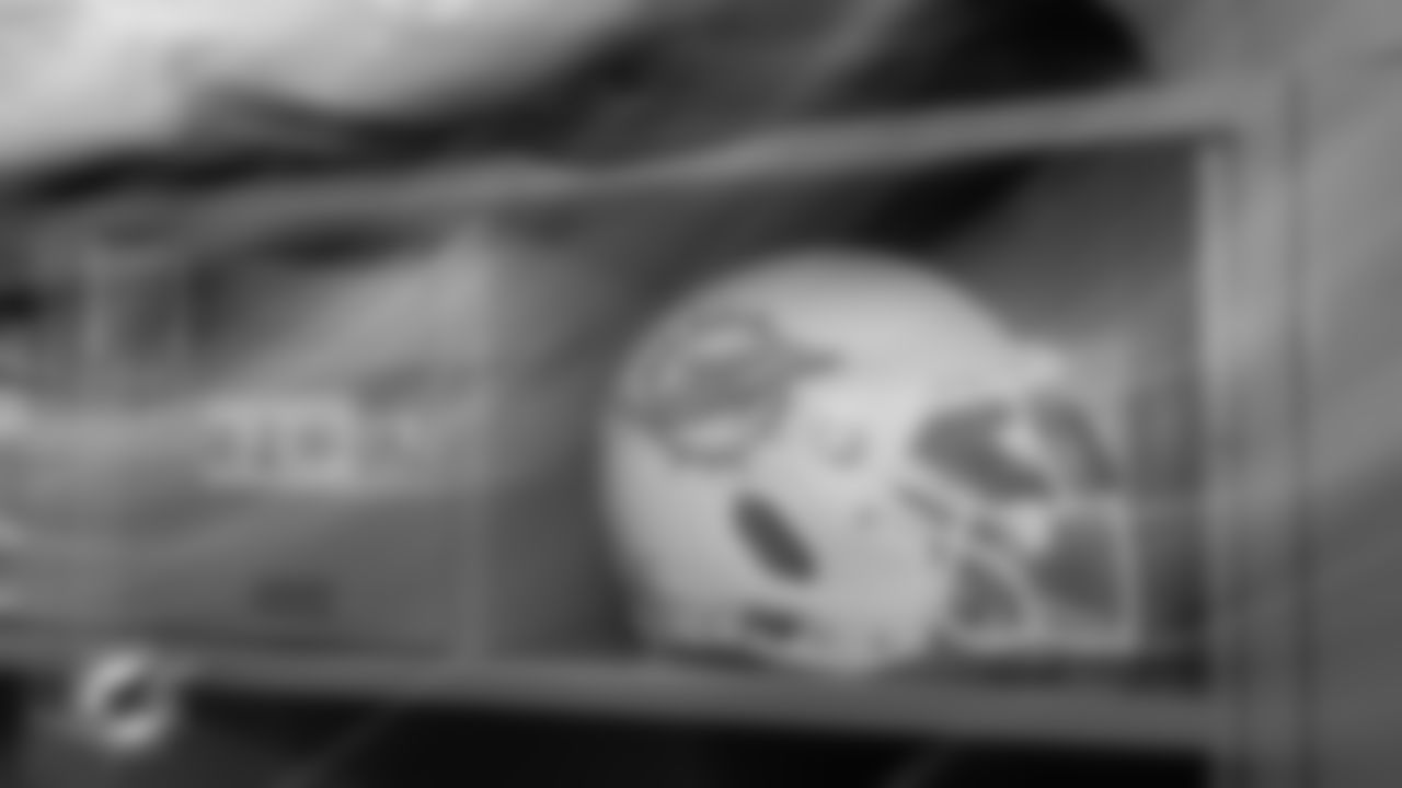 Miami Dolphins equipment in the locker room before an NFL football game against the New York Jets on Sunday, Dec. 7, 2025 in East Rutherford, NJ. (Tomas Diniz Santos/Miami Dolphins via AP)