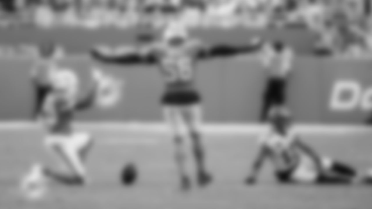 Miami Dolphins linebacker Quinton Bell (56) celebrates during an NFL football game against the Tampa Bay Buccaneers on Sunday, Dec. 28, 2025 in Miami Gardens, FL. (Ruben Gonzalez/Miami Dolphins via AP)
