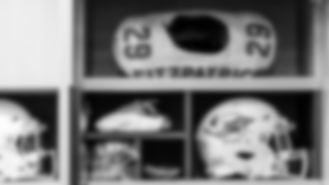 Miami Dolphins equipment in the locker room before an NFL football game against the Buffalo Bills on Sunday, Nov. 9, 2025 in Miami Gardens, Fla. (Tomas Diniz Santos/Miami Dolphins via AP)