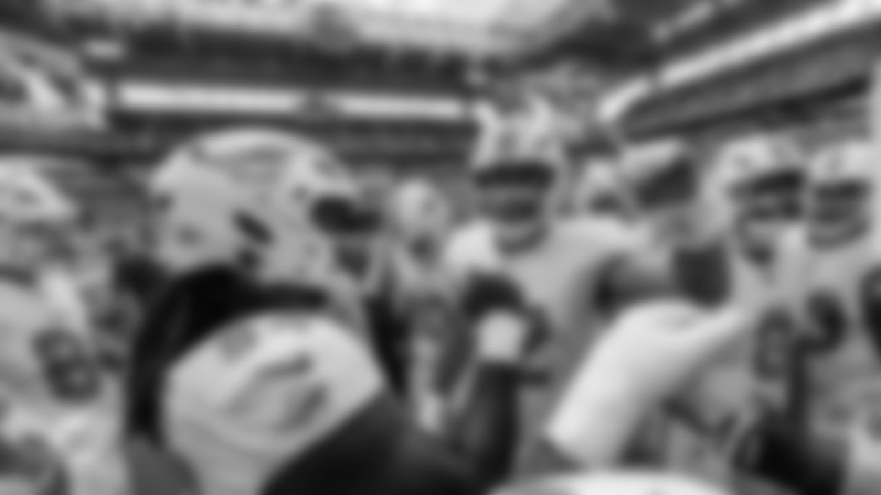 Miami Dolphins defensive tackle Zach Sieler (92) leads the huddle before an NFL football game against the Buffalo Bills on Sunday, Nov. 9, 2025 in Miami Gardens, Fla. (Jose Pineiro/Miami Dolphins via AP)