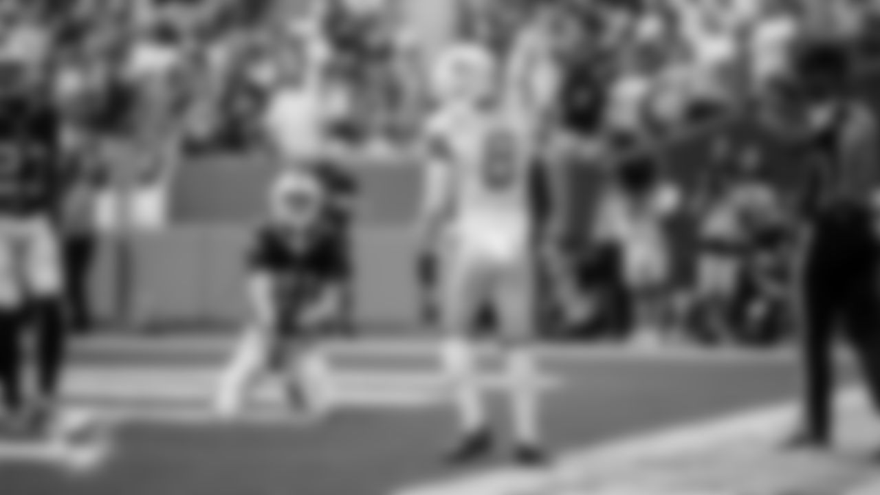 Miami Dolphins wide receiver Malik Washington (6) celebrates a touchdown during an NFL football game against the Buffalo Bills on Sunday, Nov. 9, 2025 in Miami Gardens, Fla. (Jose Pineiro/Miami Dolphins via AP)