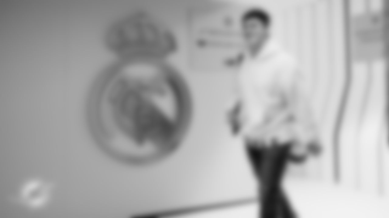 Miami Dolphins kicker Riley Patterson (47) arrives before an NFL football game against the Washington Commanders on Sunday, Nov. 16, 2025 in Madrid. (Tomas Diniz Santos/Miami Dolphins via AP)