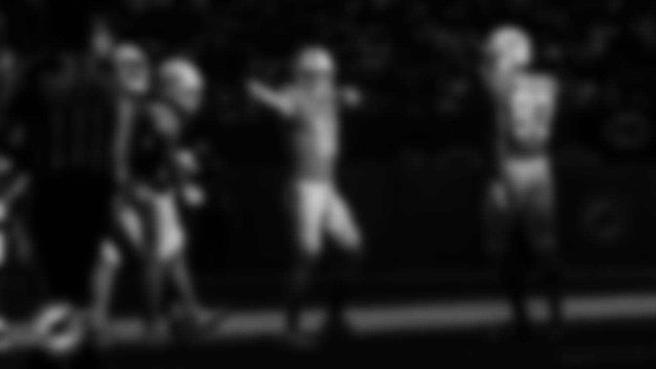 Miami Dolphins quarterback Quinn Ewers (14) celebrates during an NFL football game against the Tampa Bay Buccaneers on Sunday, Dec. 28, 2025 in Miami Gardens, FL. (Jose Pineiro/Miami Dolphins via AP)