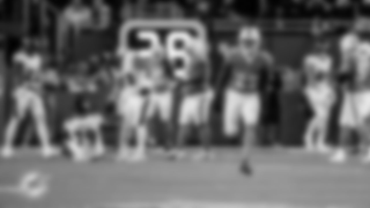 Miami Dolphins linebacker Tyrel Dodson (25) celebrates during an NFL football game against the Baltimore Ravens on Thursday, Oct. 30, 2025 in Miami Gardens, FL. (Tomas Diniz Santos/Miami Dolphins via AP)