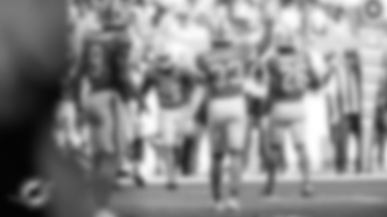 Miami Dolphins cornerback Jason Marshall Jr. (33) celebrates during an NFL football game against the Tampa Bay Buccaneers on Sunday, Dec. 28, 2025 in Miami Gardens, FL. (Ruben Gonzalez/Miami Dolphins via AP)