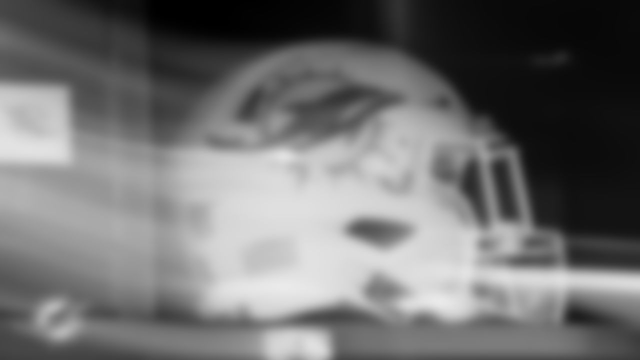 A Miami Dolphins helmet in the locker room before an NFL football game against the New England Patriots on Sunday, Jan. 4, 2026 in Foxborough, MA. (Tomas Diniz Santos/Miami Dolphins via AP)