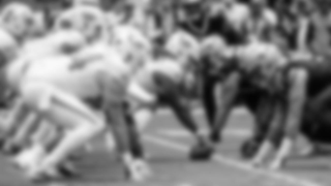 Miami Dolphins offensive lineman Aaron Brewer (55) sets at the line of scrimmage during an NFL football game against the New Orleans Saints on Sunday, Nov. 30, 2025 in Miami Gardens, FL. (Ruben Gonzalez/Miami Dolphins via AP)