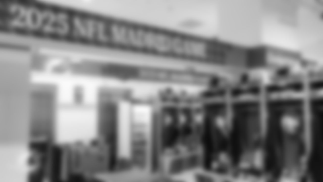 Miami Dolphins equipment in the locker room before an NFL football game against the Washington Commanders on Sunday, Nov. 16, 2025 in Madrid. (Tomas Diniz Santos/Miami Dolphins via AP)