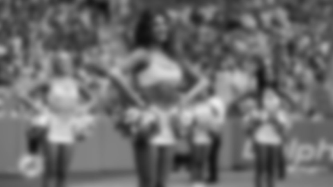 Miami Dolphins Cheerleader Mia R. poses during an NFL football game against the Buffalo Bills on Sunday, Nov. 9, 2025 in Miami Gardens, Fla. (Lauren Sopourn/Miami Dolphins via AP)