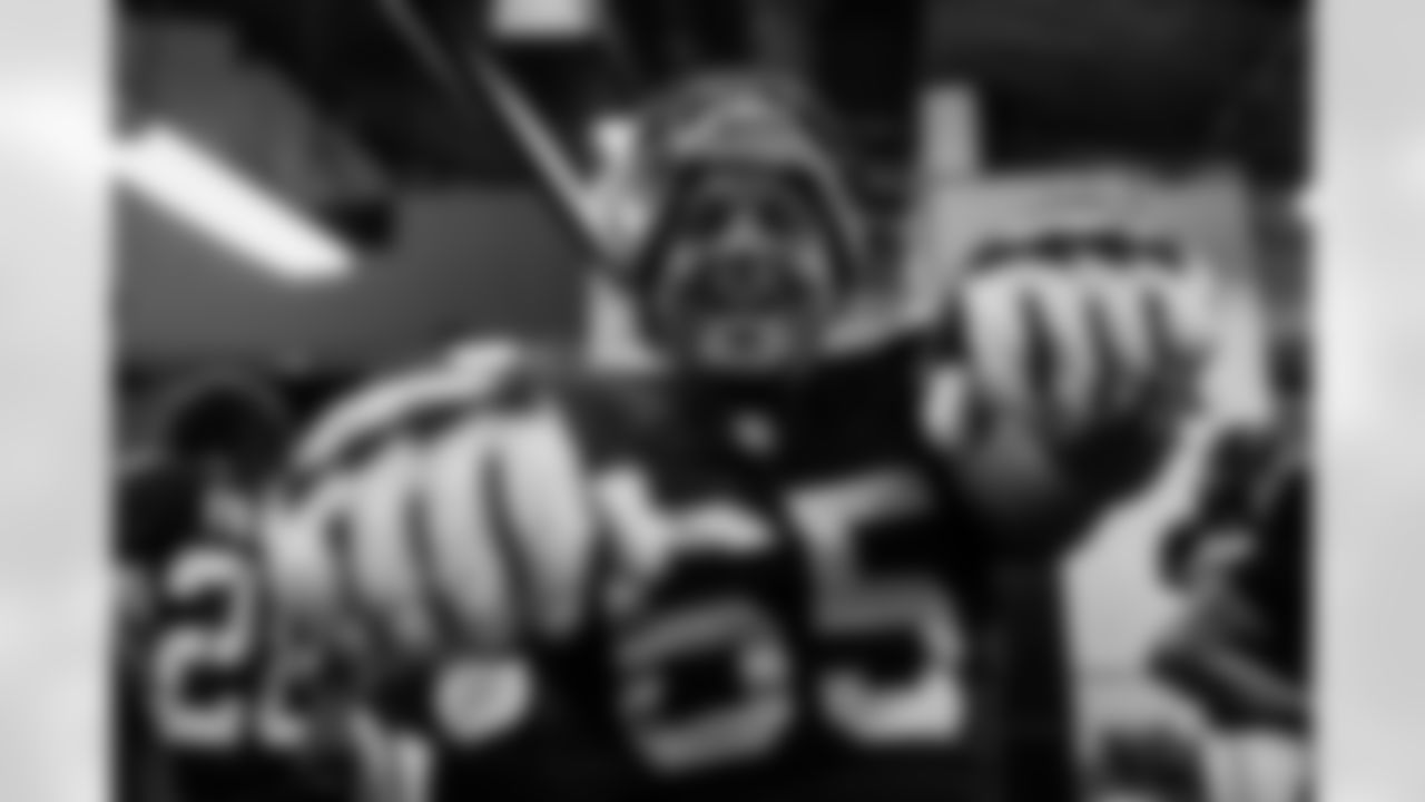 Atlanta Falcons offensive lineman Matthew Bergeron #65 celebrates in the locker room during the Week 15 Game against the Tampa Bay Buccaneers at Raymond James Stadium in Tampa, Florida on Thursday, December 11, 2025. (Photo by Jay Bendlin/Atlanta Falcons)