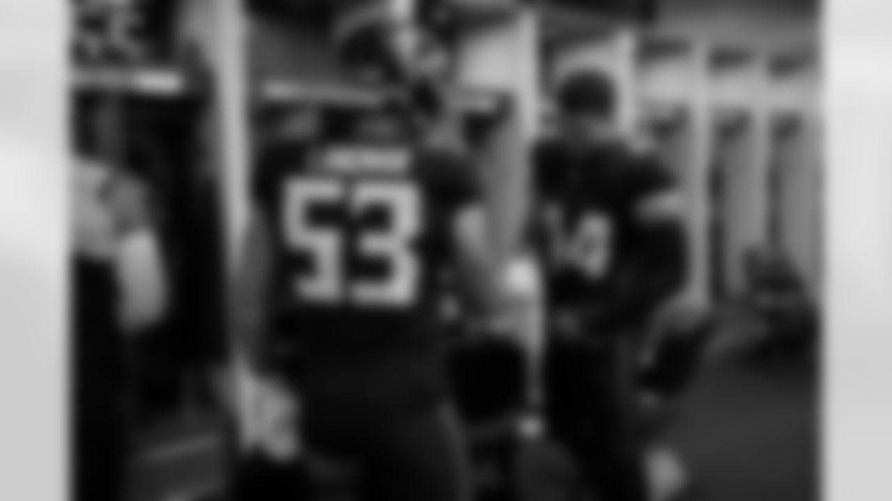 Atlanta Falcons inside linebacker Nate Landman #53 and Atlanta Falcons inside linebacker Troy Andersen #44 in the locker room before the Week 1 Game against the Pittsburgh Steelers at Mercedes-Benz Stadium in Atlanta, Georgia on Sunday, September 8, 2024. (Photo by Shanna Lockwood/Atlanta Falcons)