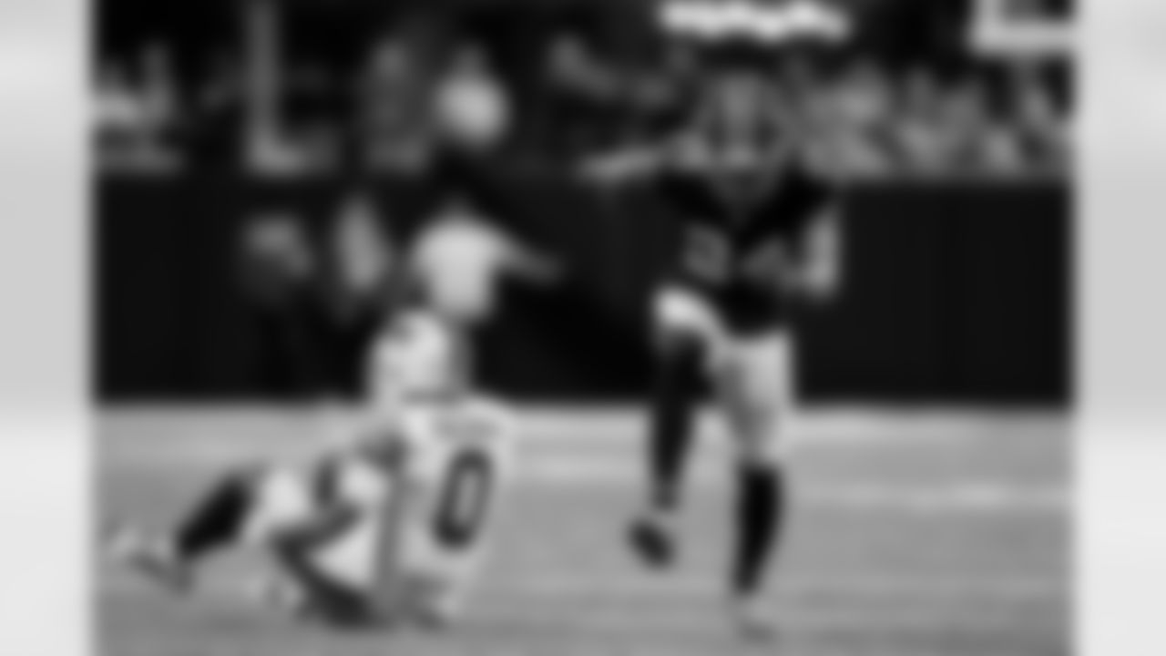 Atlanta Falcons cornerback A.J. Terrell #24 celebrates a tackle on third down during the Week 6 Game against the Buffalo Bills at Mercedes-Benz Stadium in Atlanta, Ga. on Monday, October 13, 2025. (Photo by Taylor McLaughlin/Atlanta Falcons)