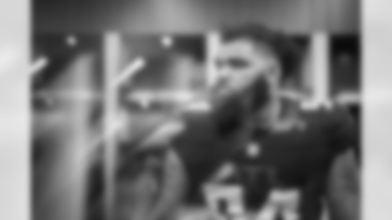 Atlanta Falcons defensive lineman LaCale London #94 in the locker room before the Week 14 Game against the Seattle Seahawks at Mercedes-Benz Stadium in Atlanta, Georgia on Sunday, December 7, 2025. (Photo by Jay Bendlin/Atlanta Falcons)