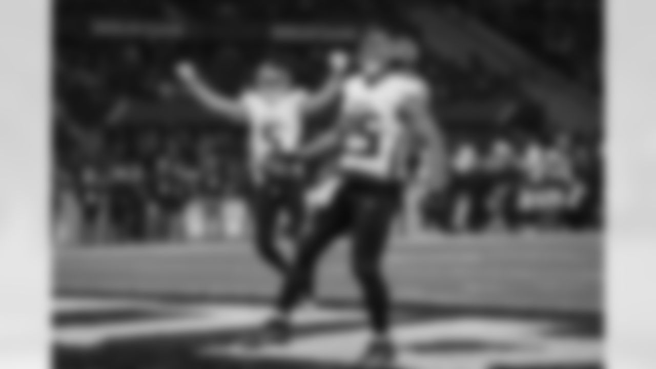 Atlanta Falcons running back Tyler Allgeier #25 celebrates after a touchdown during the fourth quarter of the Week 10 Game against the Indianapolis Colts at Olympic Stadium in Berlin, Germany on Sunday, November 9, 2025. (Photo by Taylor McLaughlin/Atlanta Falcons)