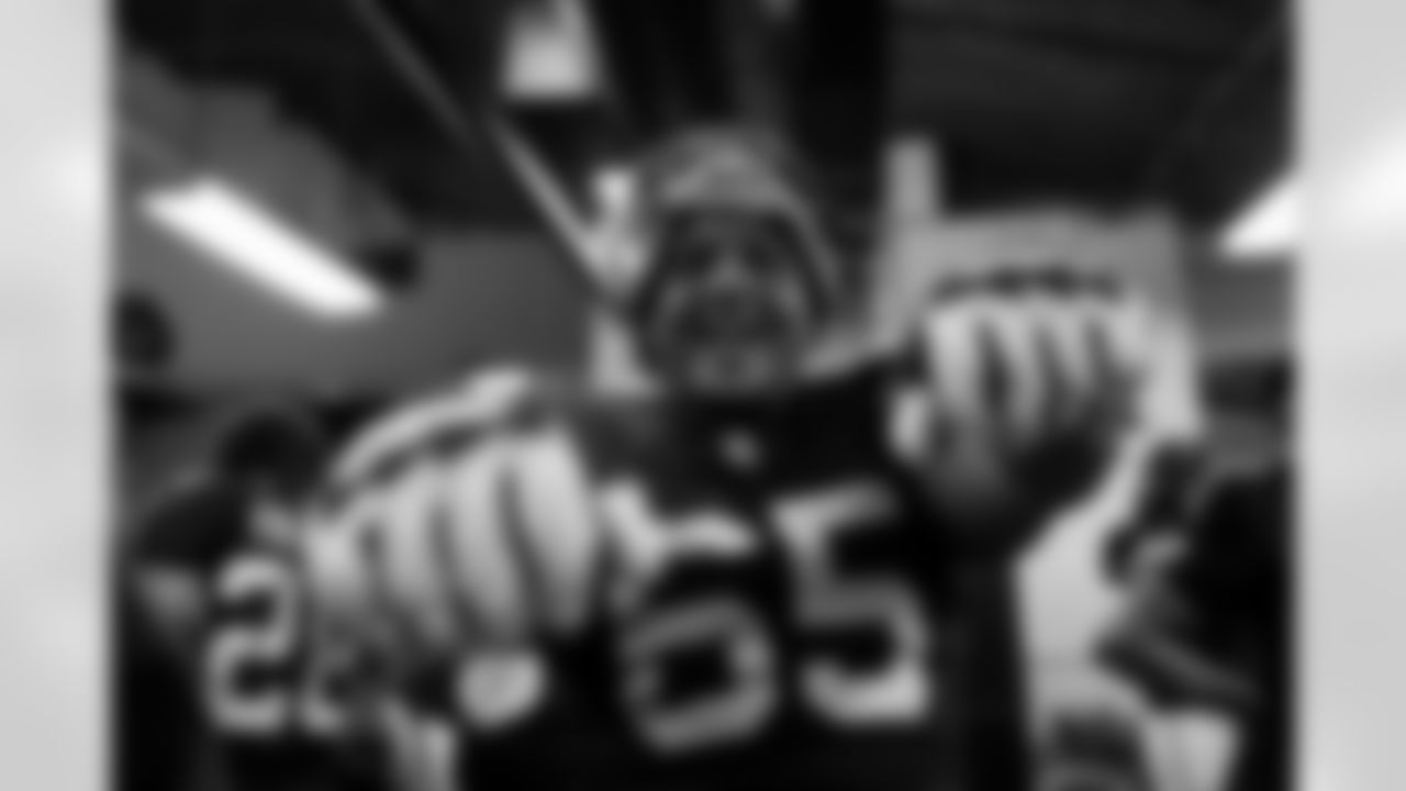 Atlanta Falcons offensive lineman Matthew Bergeron #65 celebrates in the locker room during the Week 15 Game against the Tampa Bay Buccaneers at Raymond James Stadium in Tampa, Florida on Thursday, December 11, 2025. (Photo by Jay Bendlin/Atlanta Falcons)