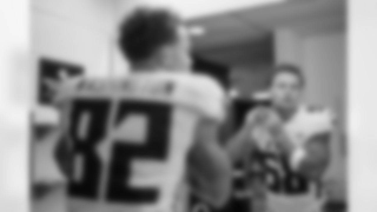 Atlanta Falcons wide receiver Casey Washington #82 in the locker room prior to the Week 2 Game against the Philadelphia Eagles at Lincoln Financial Field in Philadelpha, Pennsylvania on Monday, September 16, 2024. (Photo by Shanna Lockwood/Atlanta Falcons)
