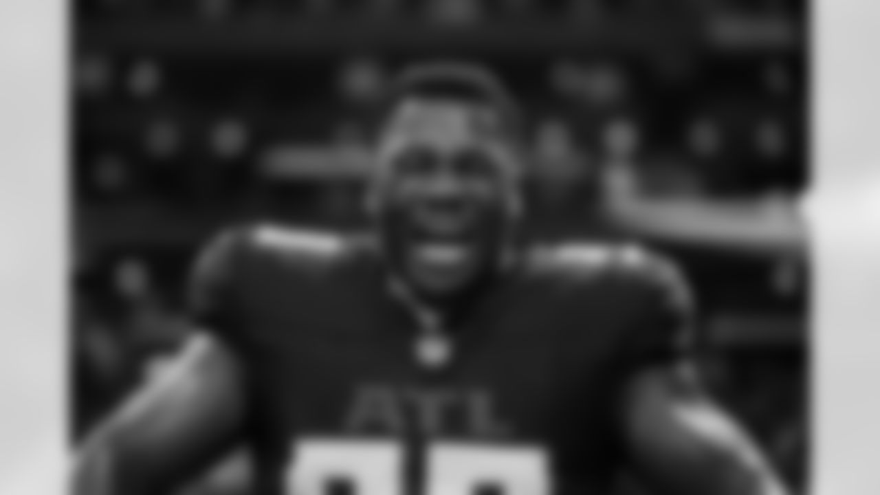 Atlanta Falcons defensive lineman Ruke Orhorhoro #98 reacts before the Week 18 Game against the New Orleans Saints at Mercedes-Benz Stadium in Atlanta, Georgia on Sunday, January 4, 2026. (Photo by AJ Reynolds/Atlanta Falcons)