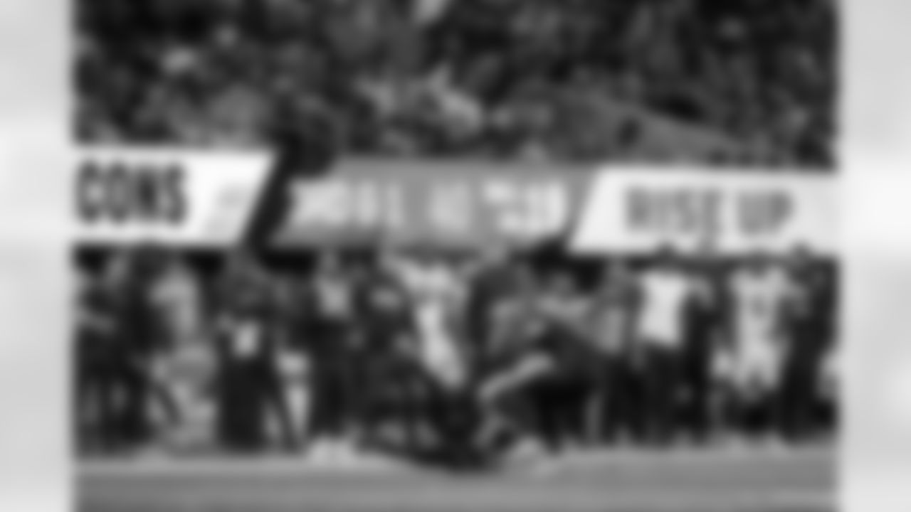 Atlanta Falcons cornerback Mike Hughes #21 makes an interception during the Week 14 Game against the Seattle Seahawks at Mercedes-Benz Stadium in Atlanta, Georgia on Sunday, December 7, 2025. (Photo by Mitch Martin/Atlanta Falcons)