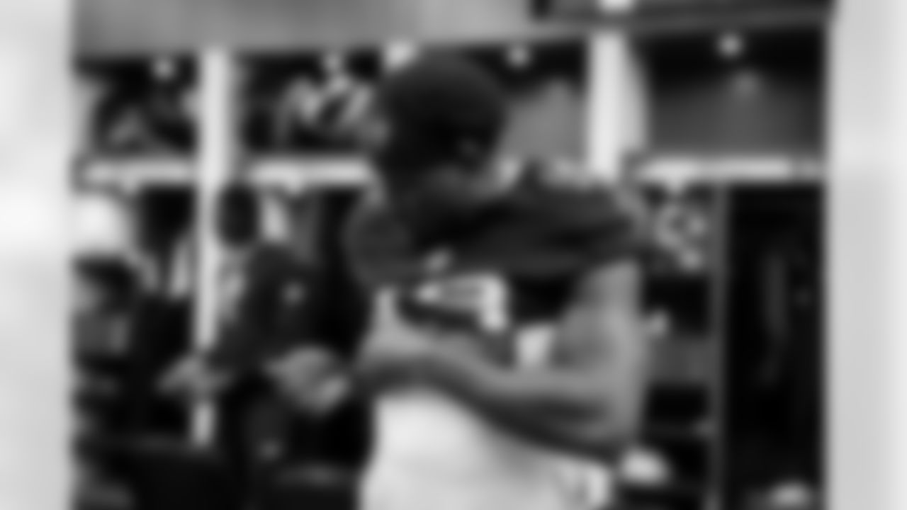 Atlanta Falcons wide receiver Chris Blair #19 prepares in the locker room before the Week 17 Game against the Los Angeles Rams at Mercedes-Benz Stadium in Atlanta, Georgia on Monday, December 29, 2025. (Photo by Jay Bendlin/Atlanta Falcons)