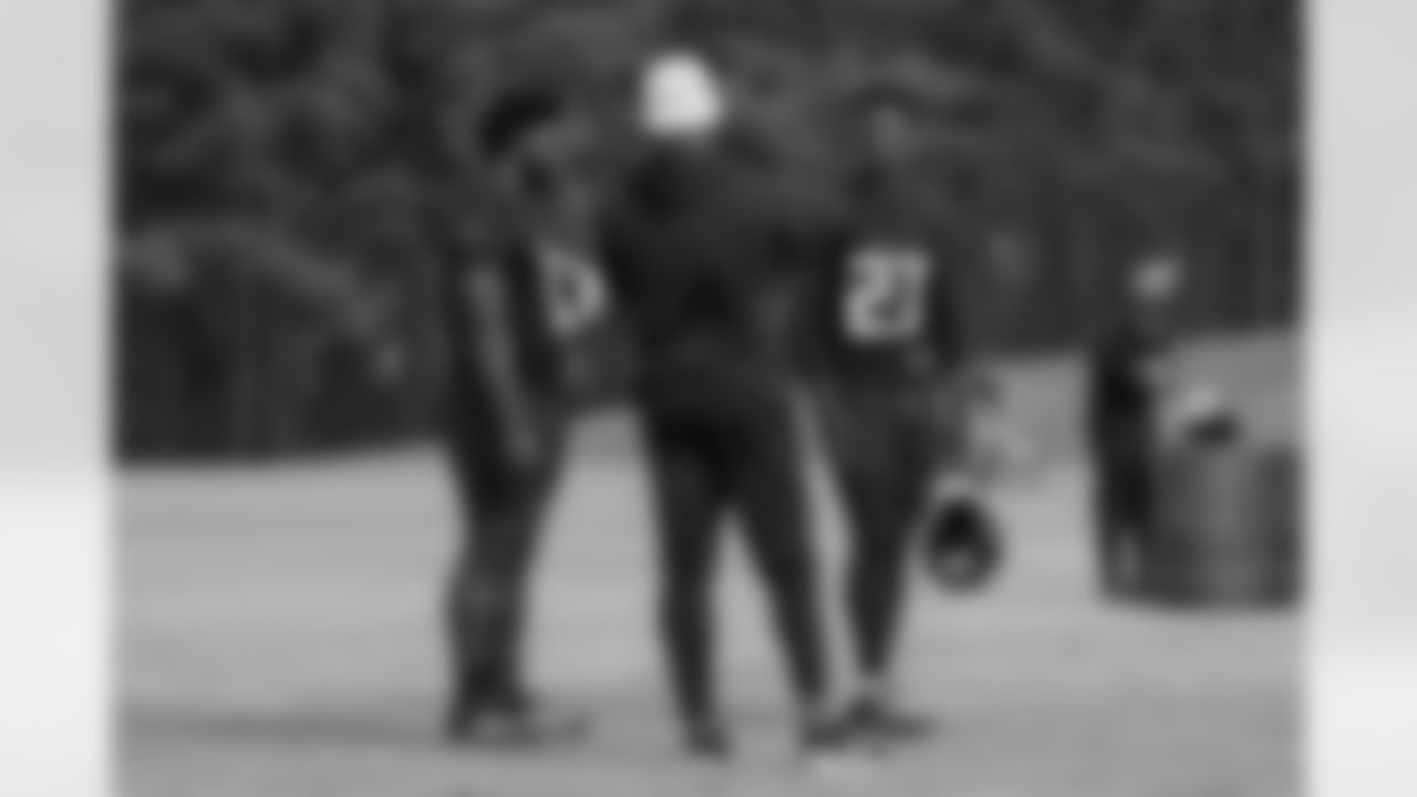 Atlanta Falcons edge rusher James Pearce Jr. #27 and Atlanta Falcons edge rusher Jalon Walker #11 during practice at Atlanta Falcons Training Facility in Flowery Branch, Georgia, on Wednesday, November 19, 2025. (Photo by Jay Bendlin/Atlanta Falcons)
