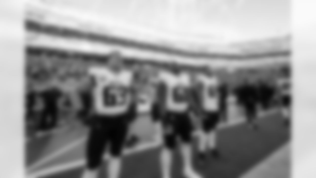 Atlanta Falcons guard Chris Lindstrom #63, Atlanta Falcons offensive lineman Kyle Hinton #68 and Atlanta Falcons offensive lineman Matthew Bergeron #65 before the Week 7 Game against the San Francisco 49ers at Levi's Stadium in Santa Clara, Calif. on Sunday, October 19, 2025. (Photo by Taylor McLaughlin/Atlanta Falcons)