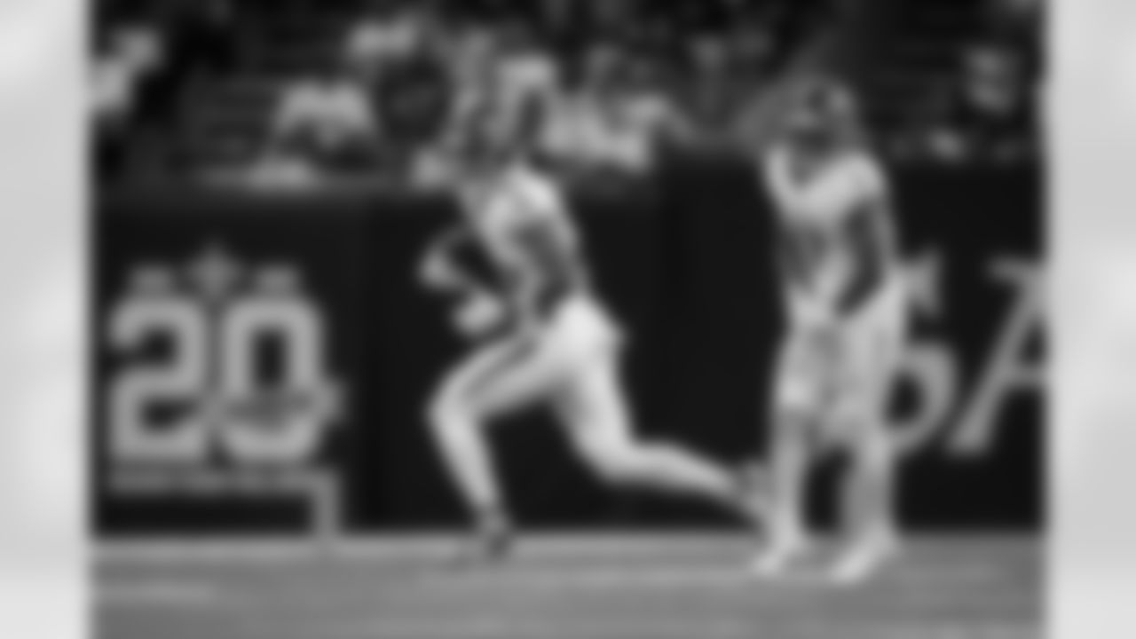 Atlanta Falcons wide receiver Dylan Drummond #81 runs the ball during the Week 12 Game against the New Orleans Saints at Caesars Superdome in New Orleans, Louisiana on Sunday, November 23, 2025. (Photo by Taylor McLaughlin/Atlanta Falcons)