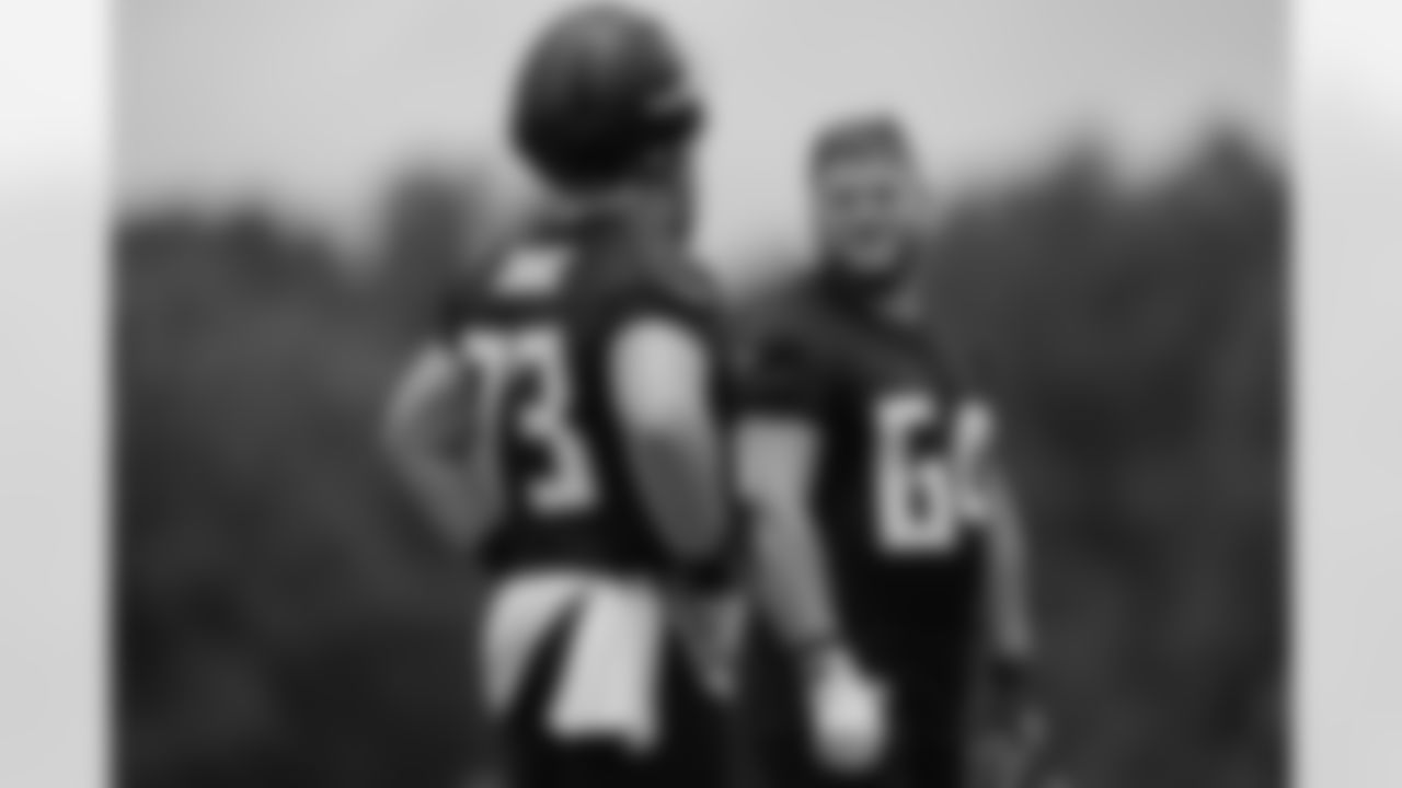 Atlanta Falcons offensive lineman Ryan Neuzil #64 and Atlanta Falcons offensive lineman Matthew Cindric #73 during mandatory minicamp at Atlanta Falcons Training Facility in Flowery Branch, Georgia, on Tuesday, June 10, 2025. (Photo by Jay Bendlin/Atlanta Falcons)