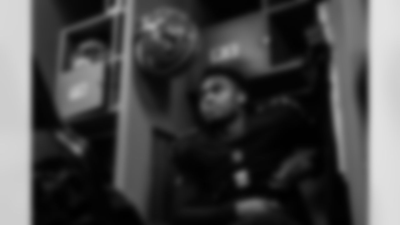 Atlanta Falcons wide receiver Darnell Mooney #1 in the locker room during the Week 15 Game against the Tampa Bay Buccaneers at Raymond James Stadium in Tampa, Florida on Thursday, December 11, 2025. (Photo by Jay Bendlin/Atlanta Falcons)