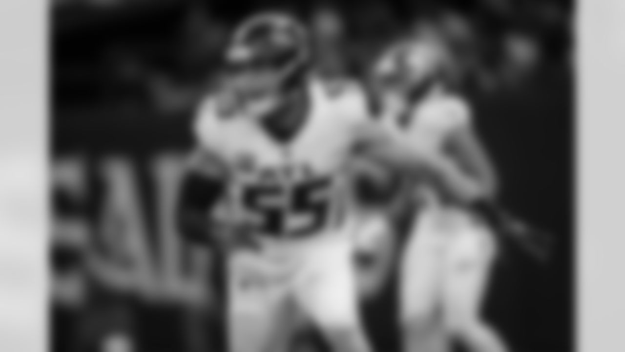 Atlanta Falcons inside linebacker Kaden Elliss #55 during the Week 12 Game against the New Orleans Saints at Caesars Superdome in New Orleans, Louisiana on Sunday, November 23, 2025. (Photo by Jay Bendlin/Atlanta Falcons)